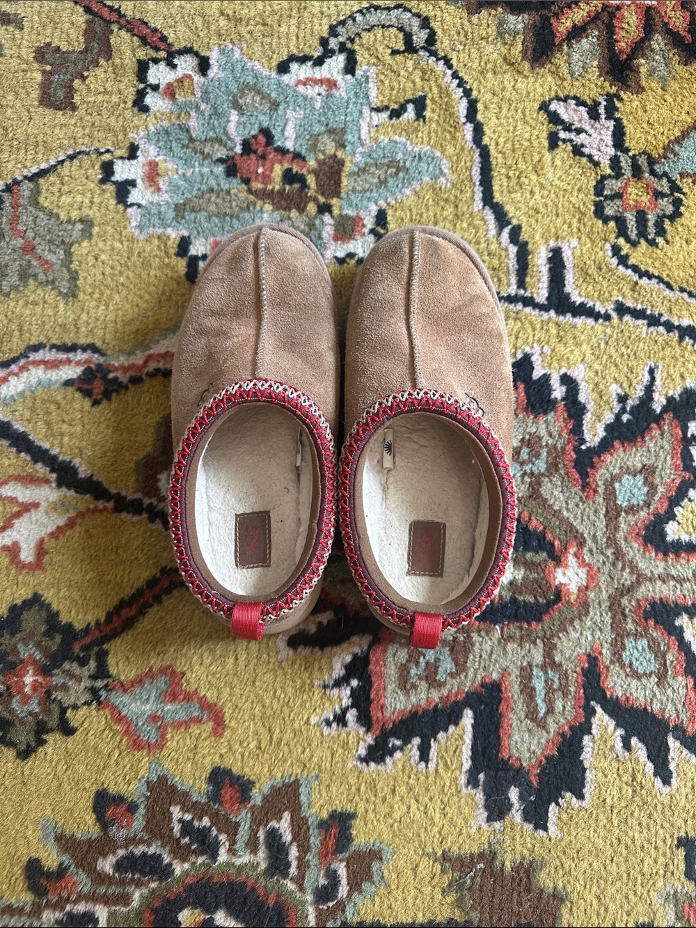 UGG Kids Tan Suede Slip-On Shoes with Red Trim